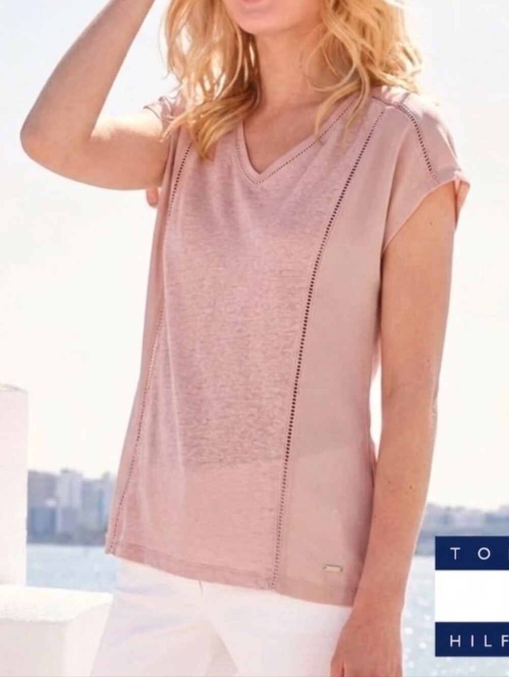 Tommy Hilfiger Linen Panel Eyelet Tshirt Sheer Top Pink Blush Womens Size Small